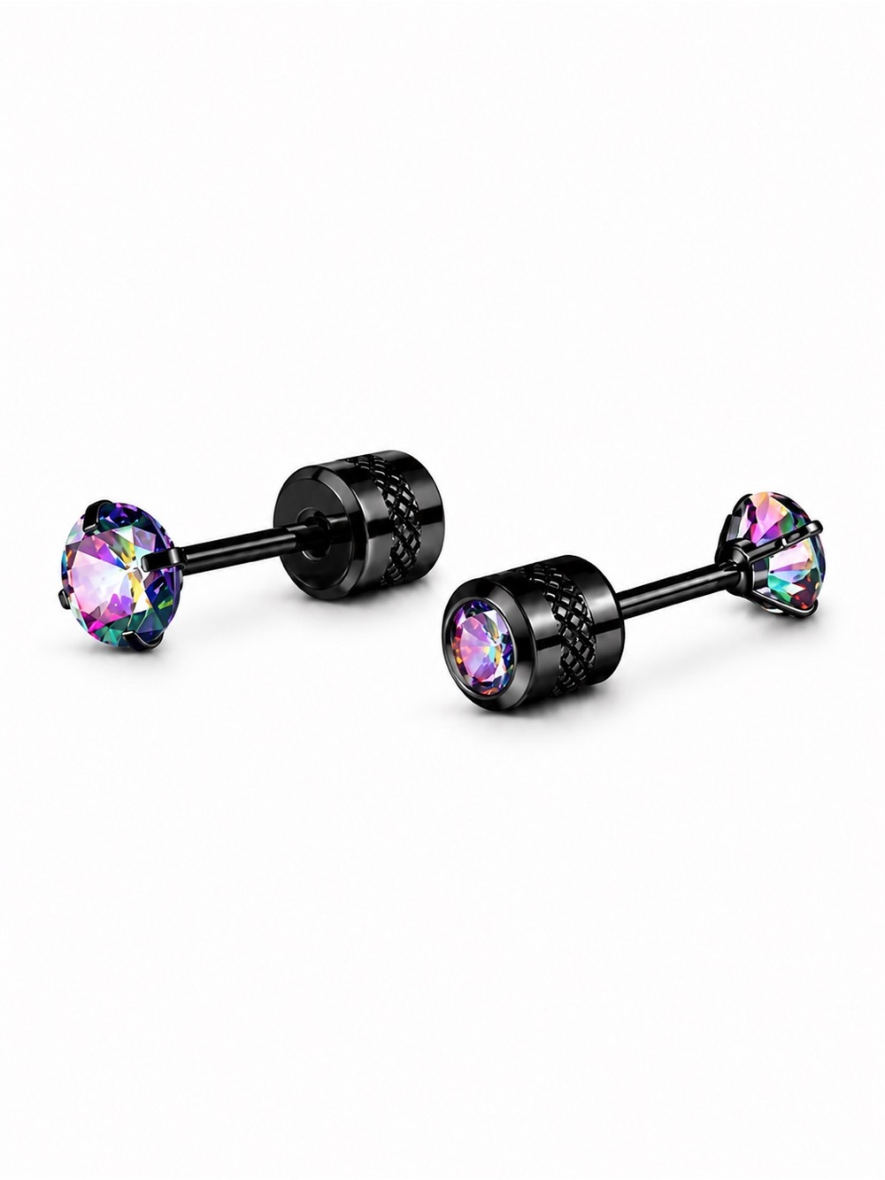 Black Rainbow CZ Double Ended Stud Earrings Stainless Steel Screw Back 4mm